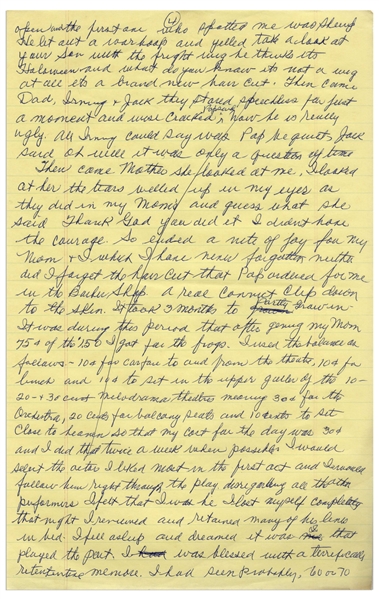 Moe Howard's Handwritten Manuscript Page When Writing His Autobiography -- Moe's Family Reacts to His New Bowl Haircut, ''Now he is really ugly'' -- Single 8'' x 12.5'' Page